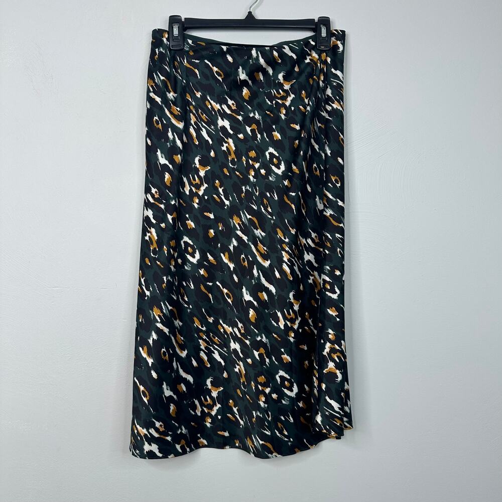 Express Dark Green Leopard Print A-Line Midi Skirt